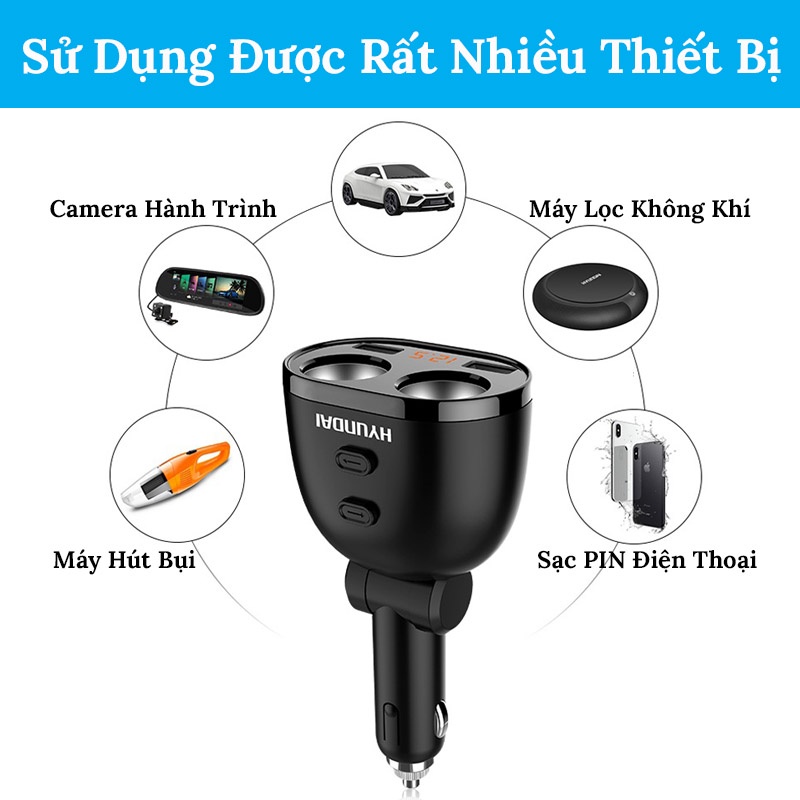 Tẩu Sạc Ô Tô Hyundai HY-16 Chính Hãng, Chia Ra 2 Cổng Tẩu Và 2 Cổng Sạc USB, Có Màn Hình LED Hiển Thị Điện Áp CARZONE