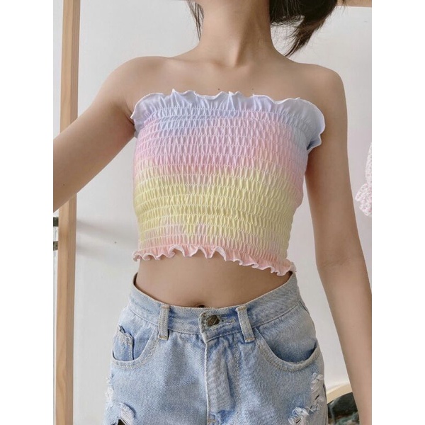 Áo ống croptop viền bèo Nhún Thân in màu loang đa sắc đơn sắc - Mã:484 TV - Fashion
