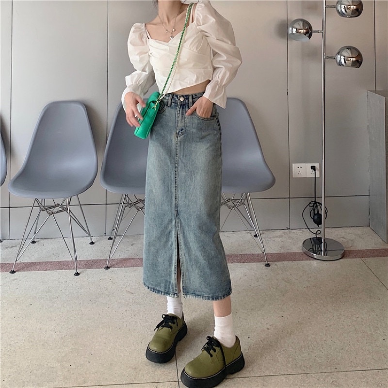 Urihouse -  Chân váy jeans dáng suông dài midi cạp cao xẻ tà phía trước | Chân váy jeans lưng ngắn