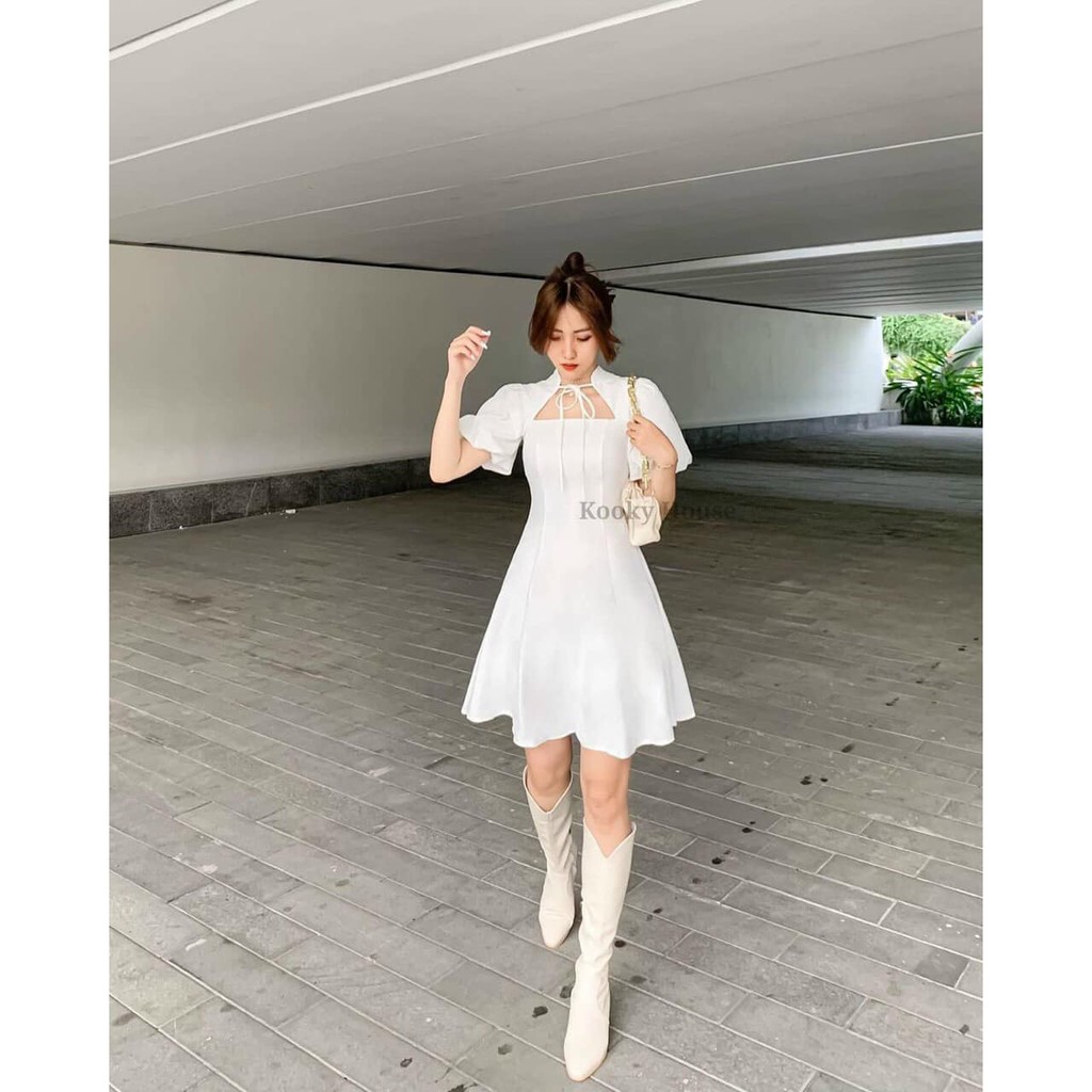 Váy trắng Hepburn buộc dây nơ cổ xinh xắn cá tính 2 màu trắng/đen (kèm video/ảnh thật) | BigBuy360 - bigbuy360.vn