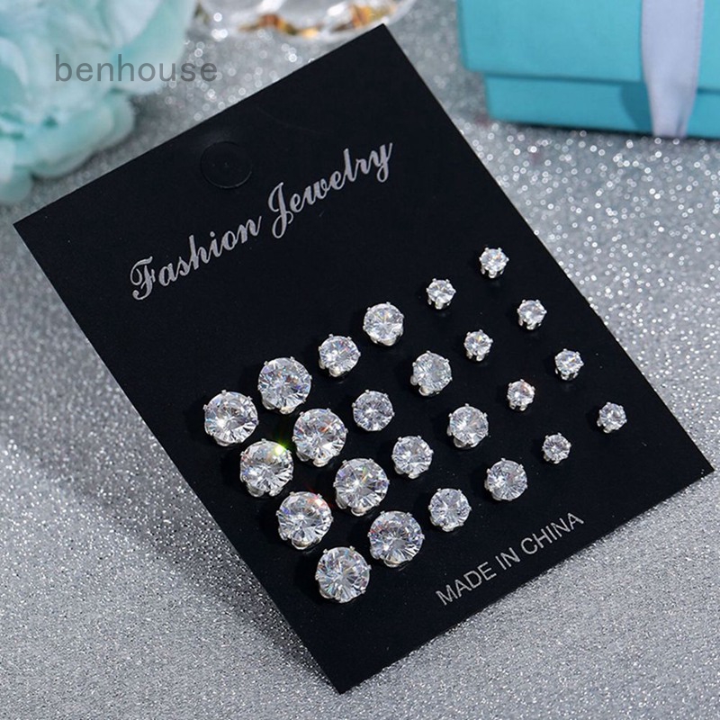 Set 12 đôi khuyên tai hình tròn đính đá thiết kế đơn giản cho nữ