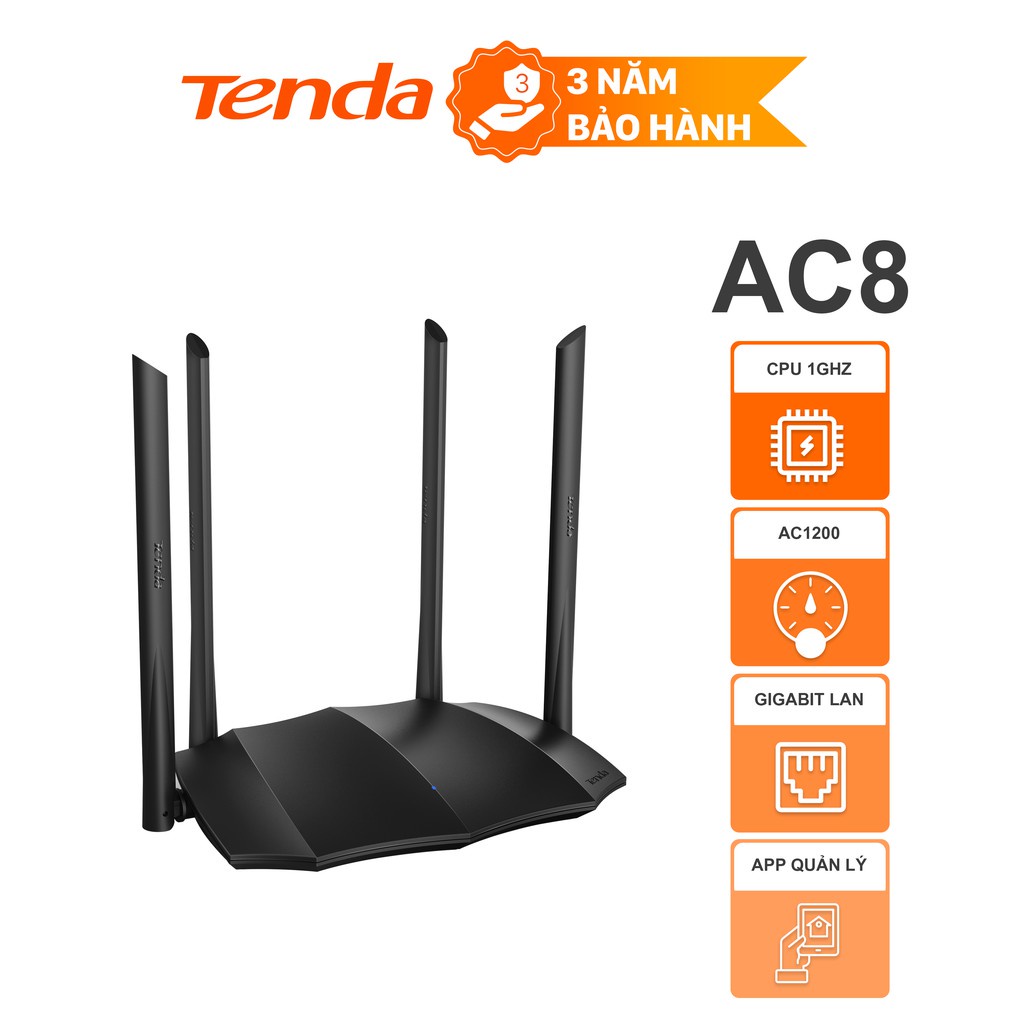 Phát Wifi Tenda AC8 Chính hãng (4 anten 6dBi, 1200Mbps, 2 băng tần, Repeater, 3 port 1Gbps). VI TÍNH QUỐC DUY