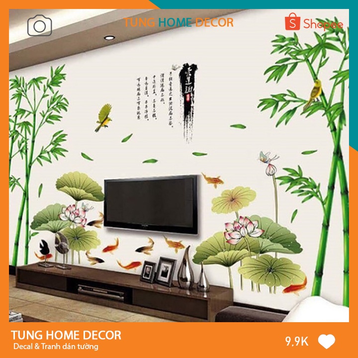 Decal dán tường hàn quốc trang trí phòng ngủ TUNG DECOR Hình Lá Hoa Sen KT 60x90cm