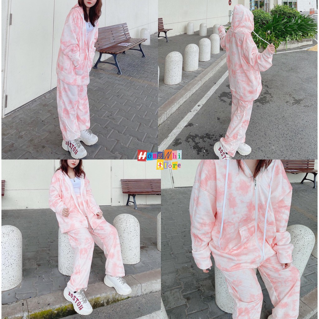 Set Bộ 3D Áo Khoác Hoodie Zip Loang Màu Kèm Quần Jogger Thun Dài Dây Rút Cao Cấp
