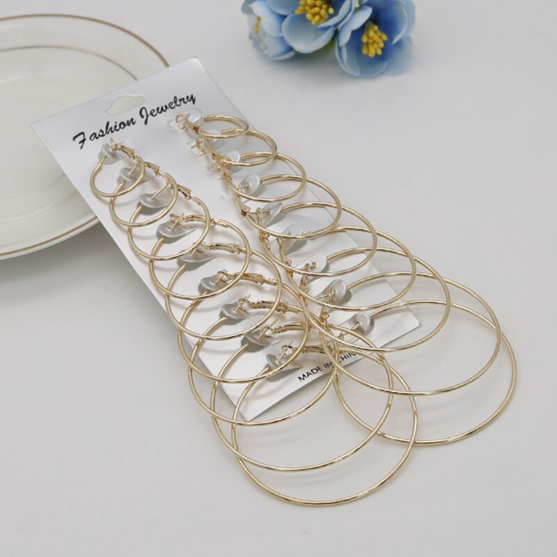 Bộ 6/ 9/ 12 đôi bông tai mạ vàng/ bạc dạng vòng phong cách steampunk cổ điển dành cho nữ