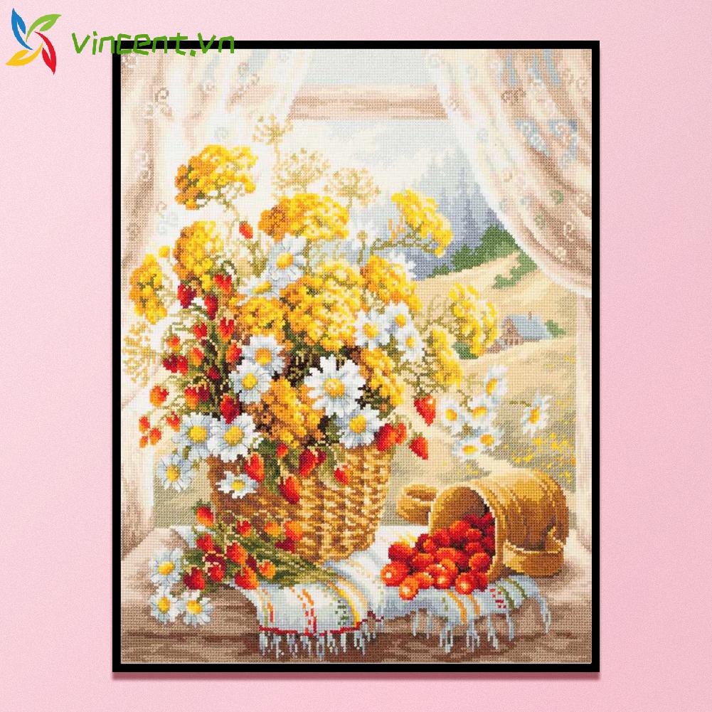 Bộ dụng cụ thêu tranh chữ thập họa tiết hoa cúc 11CT trang trí nhà cửa