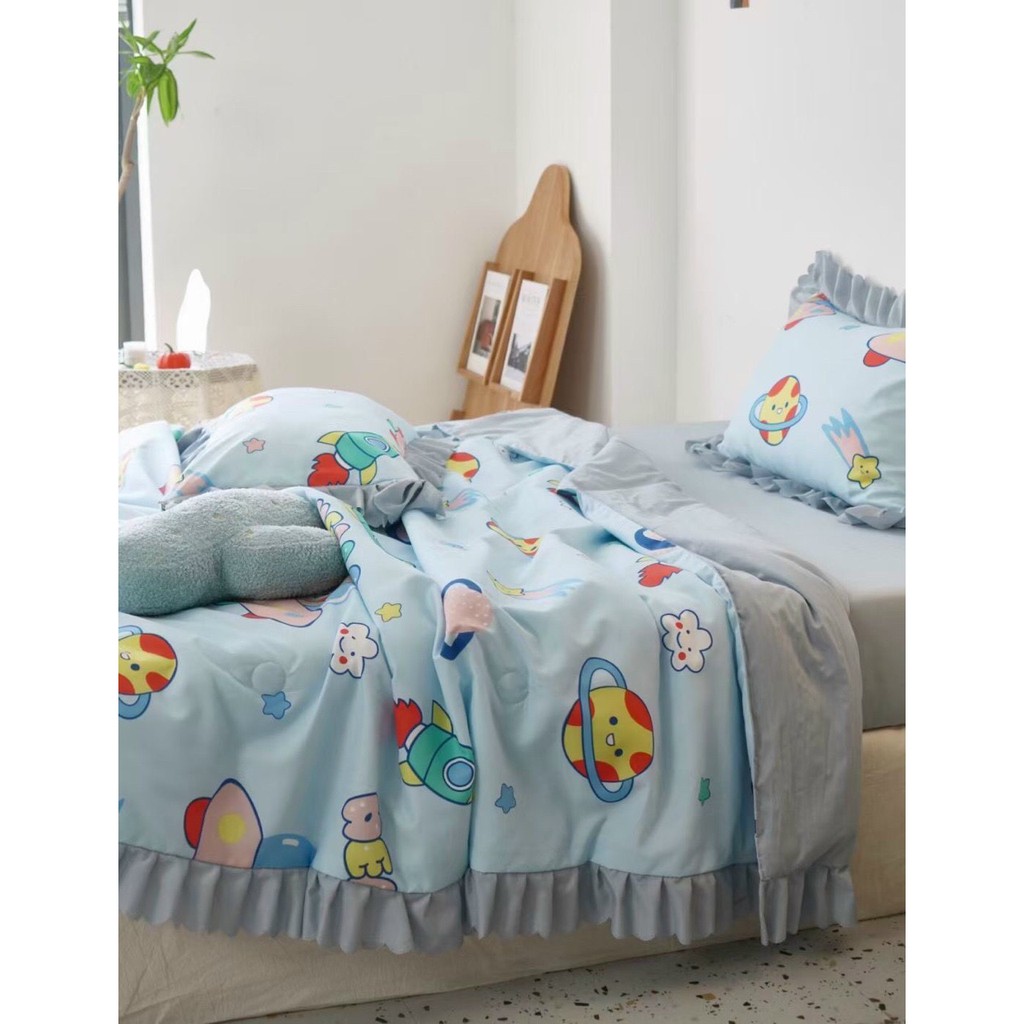 Bộ chăn ga gối cotton đũi bèo phối theo phong cách hotren  hàn quốc , nệm đủ kích thước 1m6 , 1m8 , 2m2