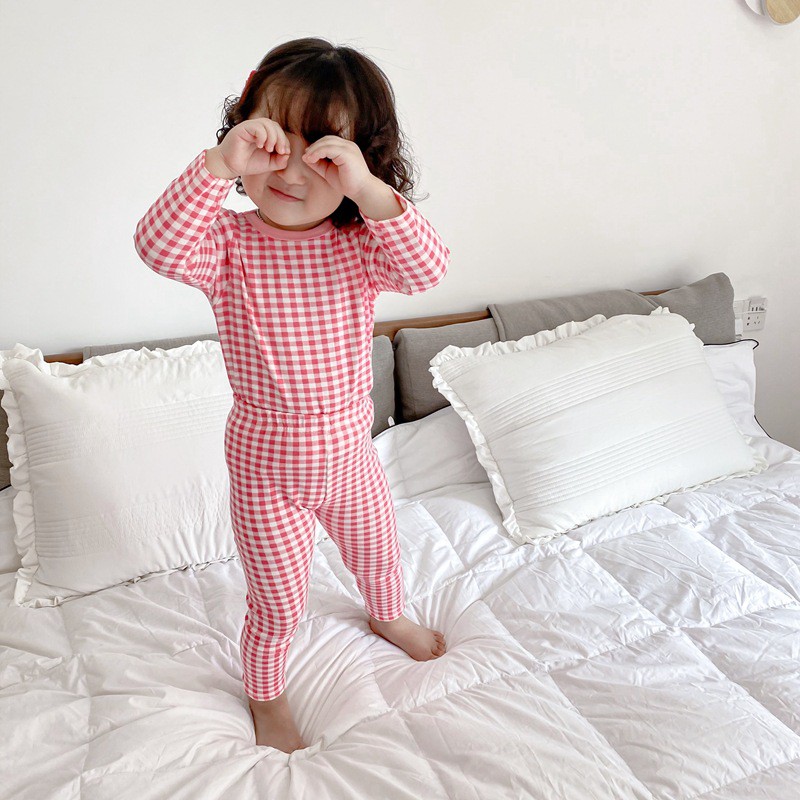 Bộ Đồ Ngủ Dài Tay Thu Đông Cho Bé Chất Thun Lạnh, Họa Tiết Kẻ Caro Dễ Thương