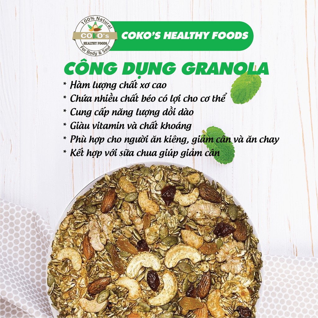 Ngũ Cốc Granola Ăn Kiêng Matcha Berries Gói 400gr COKO'S FOOD, Ngũ Cốc Dinh Dưỡng Hảo Hạng