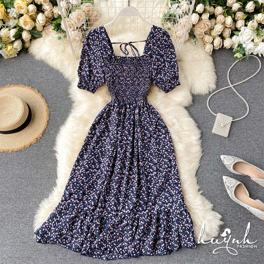 Đầm hoa cổ vuông tay ngắn xếp ly - DDTN02