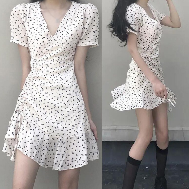 Đầm Tay Ngắn Cổ Chữ V Họa Tiết Chấm Bi Phong Cách Hàn Quốc Thời Trang Cho Nữ