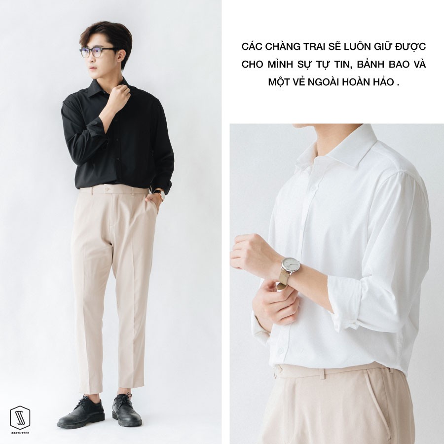 Áo Sơ mi nam trắng đen SSSTUTTER sơ mi cổ đức dài tay 2 màu linh hoạt chống nhăn xù bai màu thoáng mát Collar shirt | BigBuy360 - bigbuy360.vn