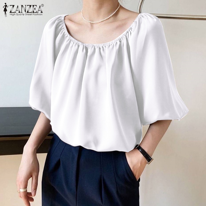 Áo Sơ Mi Vải Satin Tay Lửng Cổ Tròn Màu Trơn Thời Trang Đường Phố Thanh Lịch Cho Nữ ZANZEA