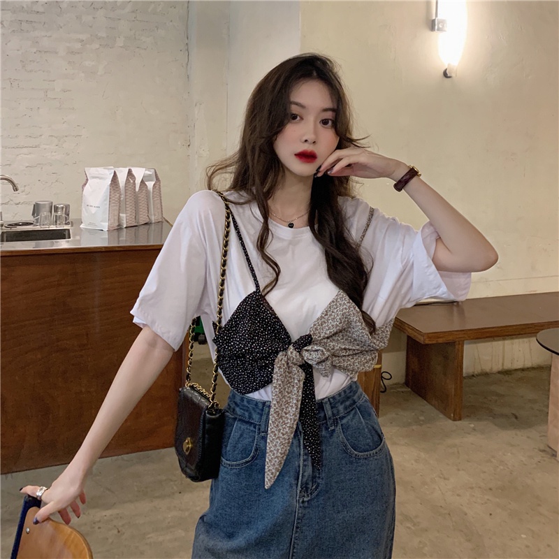 SUXI Áo Thun Ngắn Tay Cổ Tròn Phối Nơ Màu Tương Phản Thời Trang Dành Cho Nữ