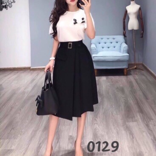 Chân váy dài midi kèm đai công sở