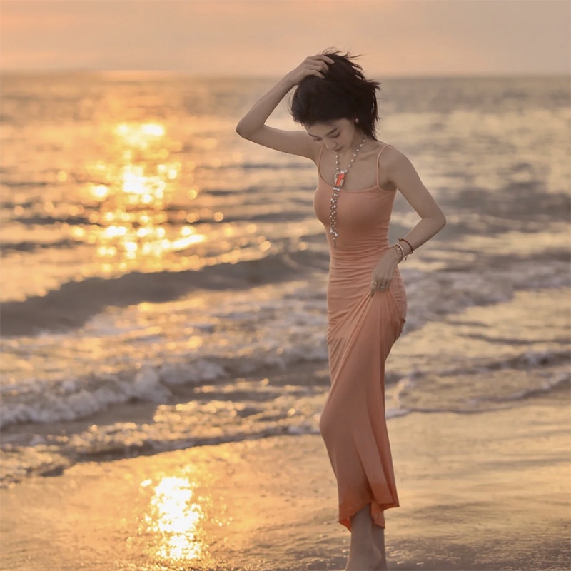 Đầm Hai Dây Màu Trơn Thiết Kế Mỏng Kiểu Dáng Đơn Giản Thời Trang Dành Cho Nữ