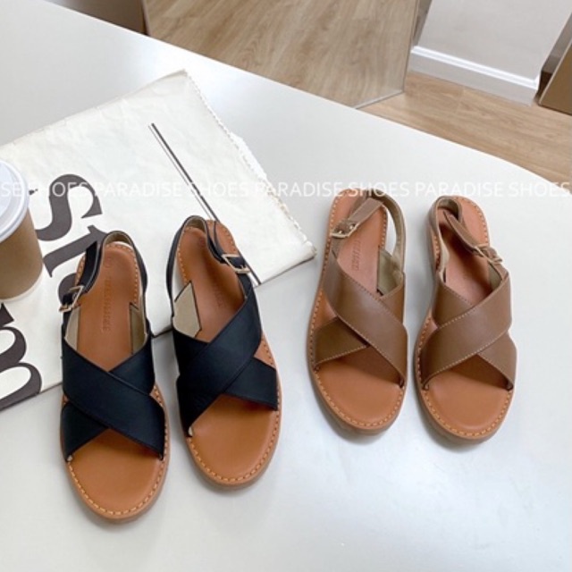 SANDAL CHÉO DA BÒ THẬT SANDAL NỮ ĐẾ BỆT SHOES PARADISE