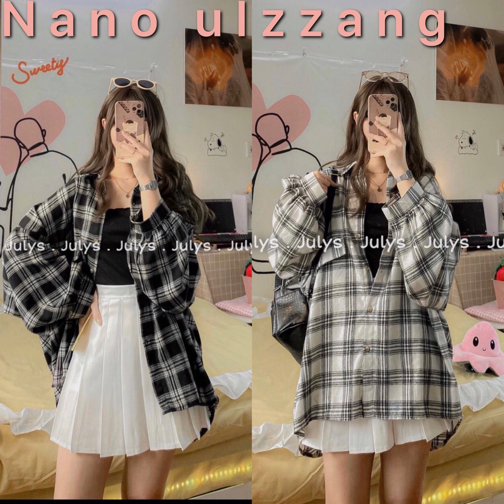 Áo sơ mi dài tay kẻ caro/ Áo sơ mi Unisex Basic form rộng ba màu nâu,đen, trắng_Nanoulzzang