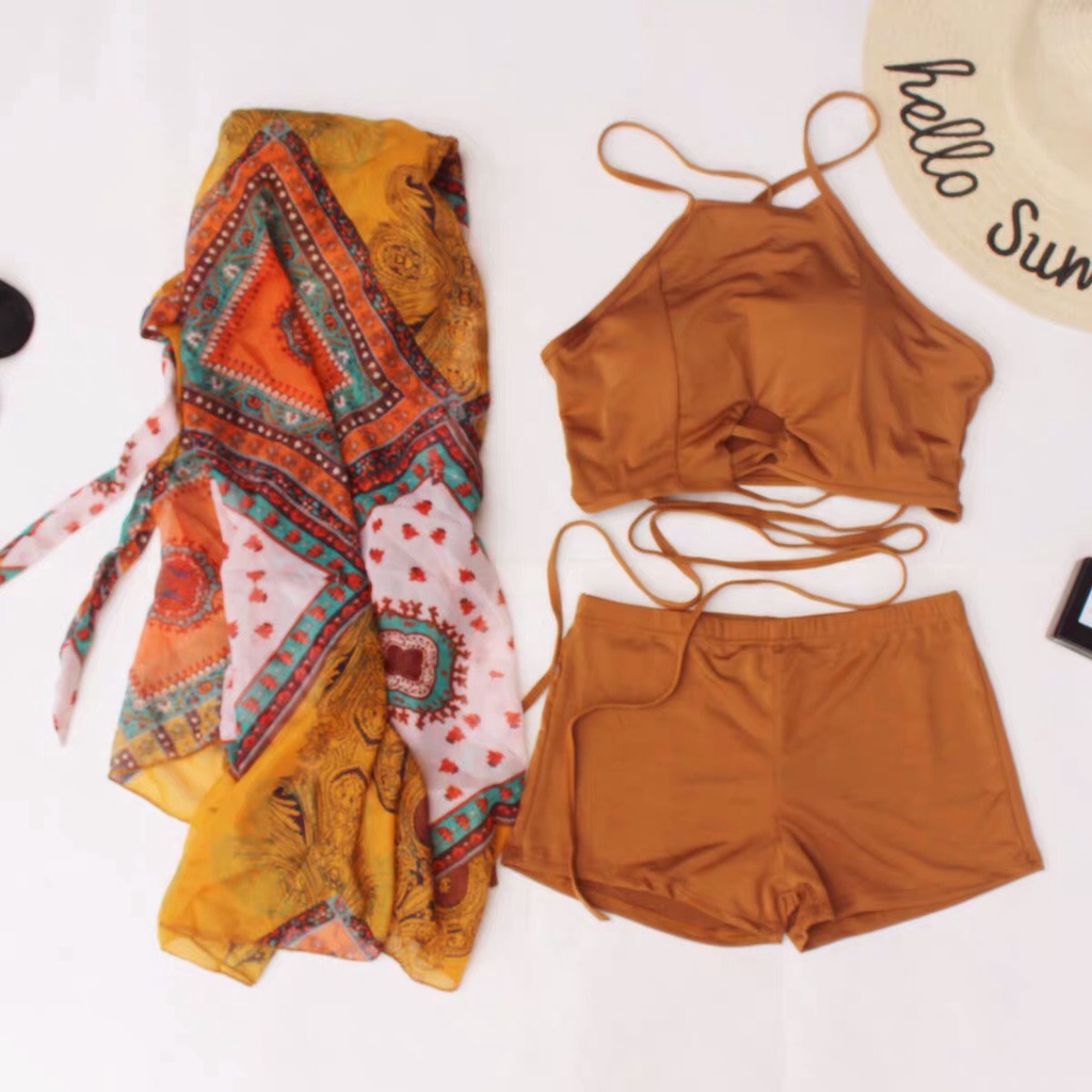 Set Bikini, đồ bơi đi biển 3 mảnh áo + quần  + chân váy phong cách bohemian màu vàng nâu siêu xinh