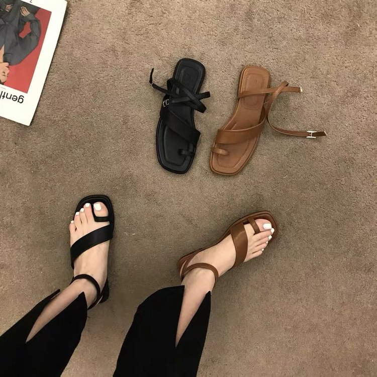 Giày sandal đế bệt mũi vuông thời trang đơn giản nữ tính