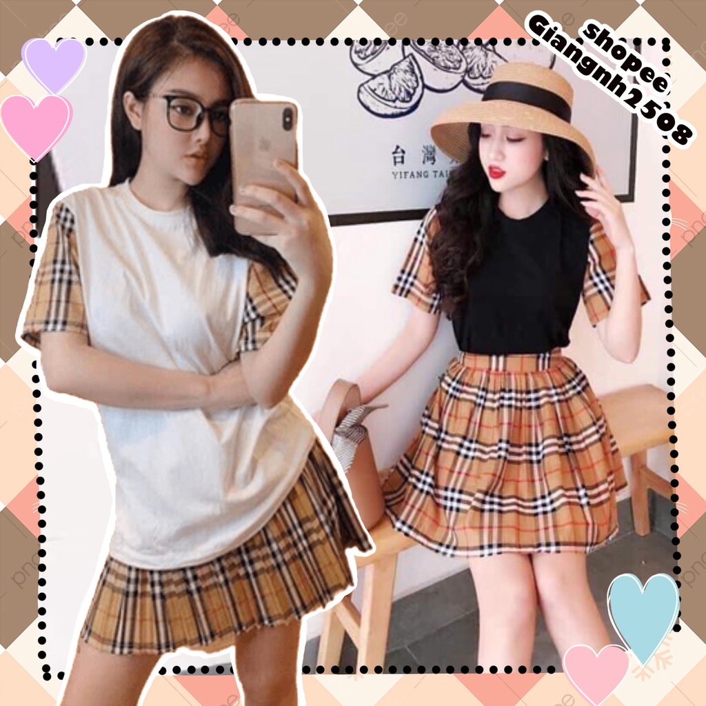 SUSV001 Set áo phông đen trắng phối 2 màu chân váy tennis chữ A ngắn caro có quần lót Bộ áo thun đầm xếp ly xòe kẻ ô đẹp