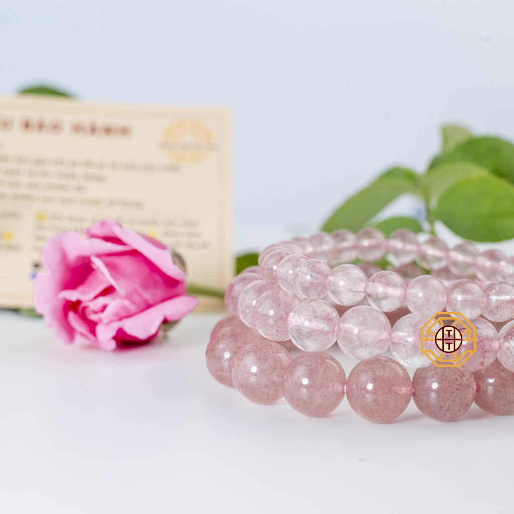 Vòng Tay Phong Thuỷ Đá Thạchh Anh Dâu Tây Xanh, Hồng Tự nhiên [TẶNG HỘP GỖ] Nữ mệnh Mộc Hỏa Thổ - Phong Thủy Tây Tạng