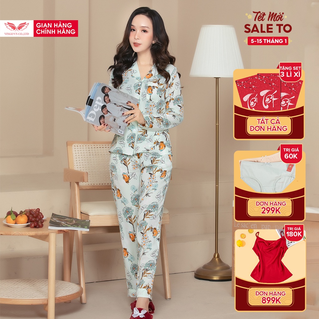Bộ Đồ Pyjama Mặc Nhà Nữ VINGO Cát Hàn Không Nhăn Mùa Thu Đông Tay Dài Quần Dài Họa Tiết Nhiều Màu H586 VNGO - TDQD