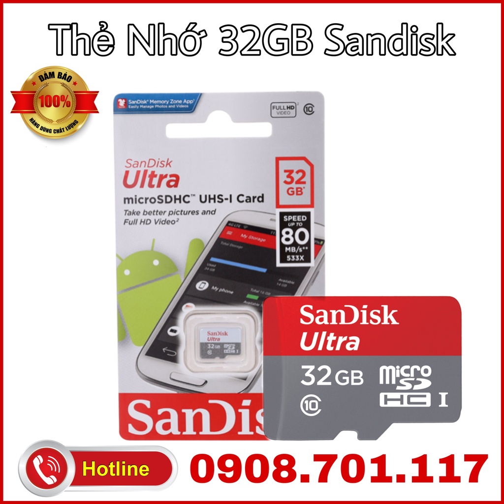 Thẻ nhớ 32GB Micro SDHC Sandisk cho máy ảnh máy quay camra an ninh hành trình