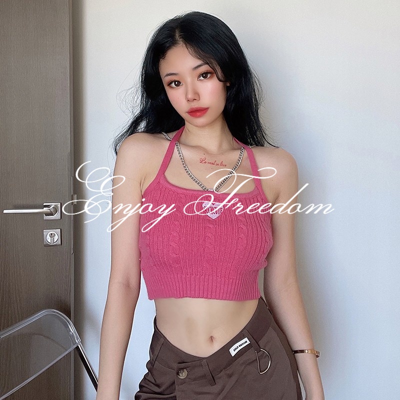 Enjoy Freedom Áo Hai Dây Thêu Họa Tiết Phối Dây Xích Thời Trang Mới 2022 Cho Nữ áo croptop
