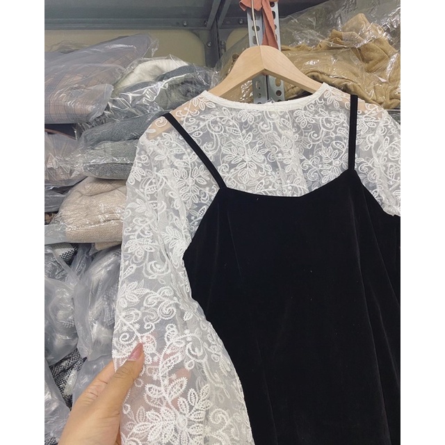 Set Váy Nhung Đen Mix Áo Ren