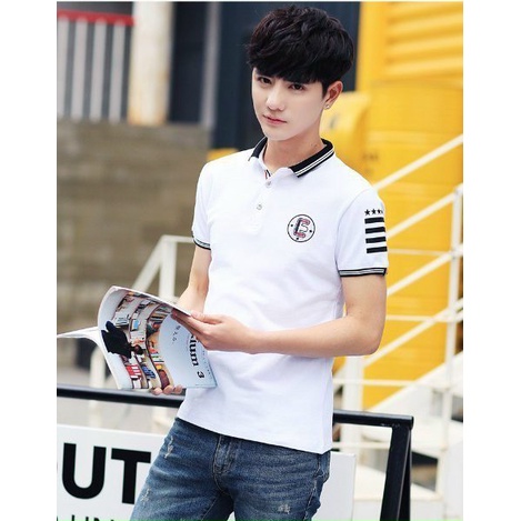 áo thun nam cổ trụ tay ngắn họa tiết thêu sọc ngang đẹp,chất cotton mềm mại dễ chịu