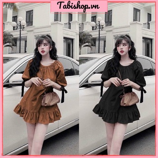 Đầm babydoll tay phồng  TABISHOP Váy tiểu thư dáng xoè 2 màu đen cam đất đi tiệc đi dạo dễ thương
