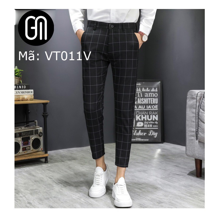 Quần tây nam đen caro_Quần tây âu kẻ sọc ống côn dáng body cao cấp | BigBuy360 - bigbuy360.vn