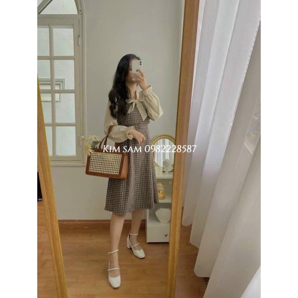 Váy cổ nơ dài tay thu đông ,phiên bản hàn quốc eo cao chất nhung tăm nhỏ dáng xoè . hàng Loại 1 .
