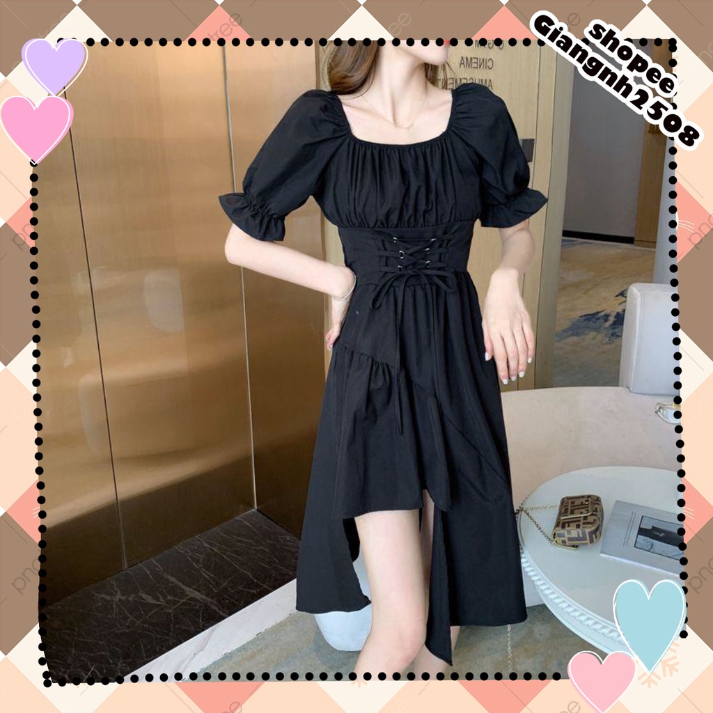 V019 Váy nữ dáng xòe xẻ chân thắt nơ eo tiểu thư, đầm dài dáng xòecổ vuông tay bồng đen trắng bánh bèo nữ tính