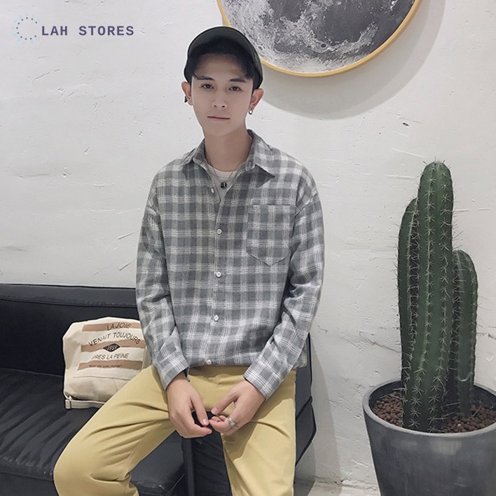 Áo sơ mi nam form rộng dài tay kẻ caro phong cách Hàn Quốc | BigBuy360 - bigbuy360.vn