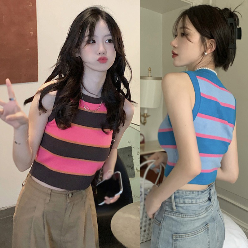 Áo Croptop Dệt Kim Sát Nách Dáng Ôm Vải Lụa Lạnh Kiểu Hàn Quốc Cá Tính