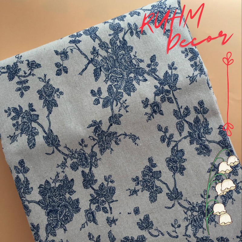 Vải canvas trải bàn, may túi rèm, chụp ảnh sản phẩm họa tiết Hoa vintage xanh blue V-B01