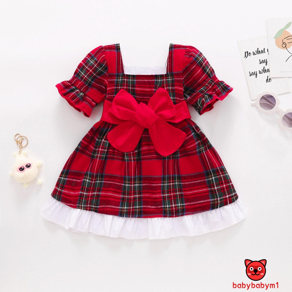 Đầm tay phồng cổ vuông đính nơ họa tiết sọc caro phong cách giáng sinh cho bé