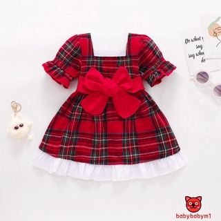 Đầm tay phồng cổ vuông đính nơ họa tiết sọc caro phong cách giáng sinh cho bé