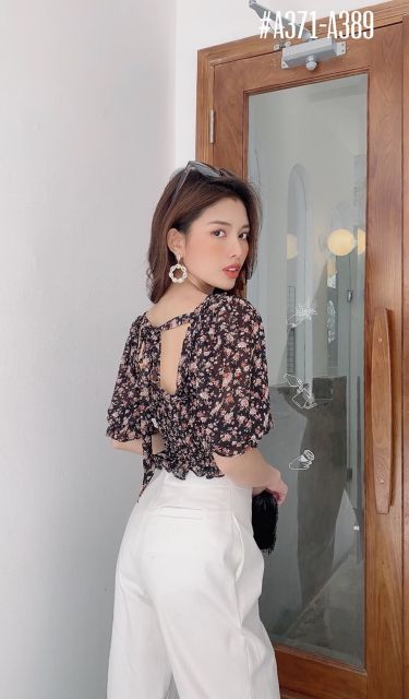 Áo voan hoa nhún chỉ viền bèo tay lỡ