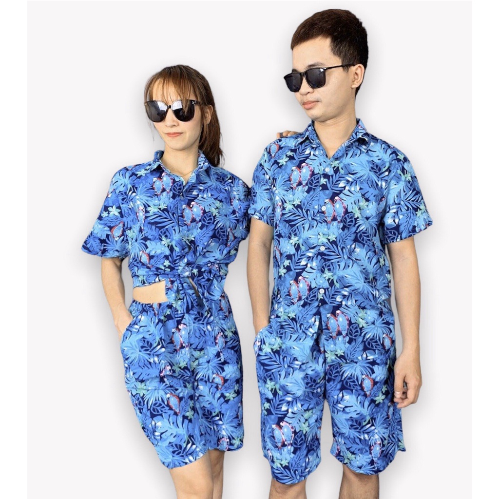 Bộ sơ mi hoa lá mặc đồng phục nhóm đi biển, team building, chụp ảnh kỷ yếu đủ size nam nữ vải Kate Thái Bin Sport QB006