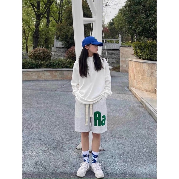 Quần Đùi Thun Chữ Aa Form Rộng Nam Nữ Meeny - Short Xanh Lá Dáng Rộng In Hình Chất Thun Tăm Mịn Phong Cách Hàn Quốc