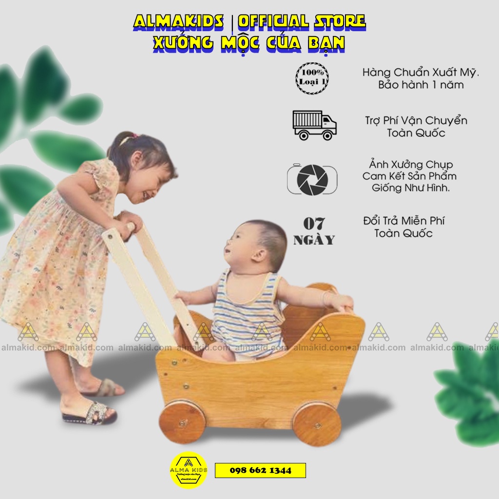 Xe Tập Đi Của Bé, Xe Đẩy Có Thùng Bằng Gỗ Đa Năng Cho Bé Alma Kids AMK2103.