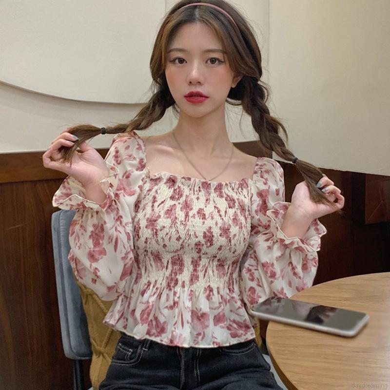Áo Kiểu Chất Chiffon Cổ Vuông Hoạ Tiết Hoa Nữ Tính