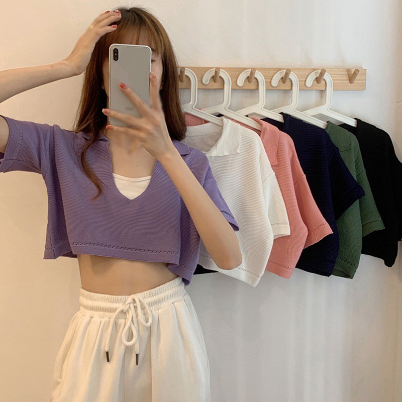  Áo Croptop Dệt Kim Tay Ngắn Thiết Kế Cổ Chữ V Quyến Rũ | WebRaoVat - webraovat.net.vn