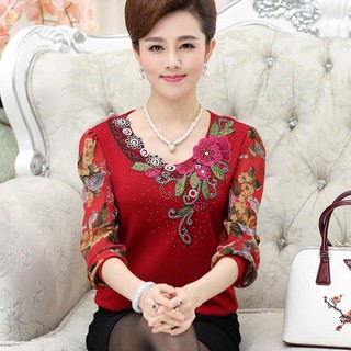 Áo thun nữ cổ tròn dài tay mùa xuân cho phụ trung niên và cao tuổi, mẹ đính kim cương, đáy rộng người già SIÊT HOT