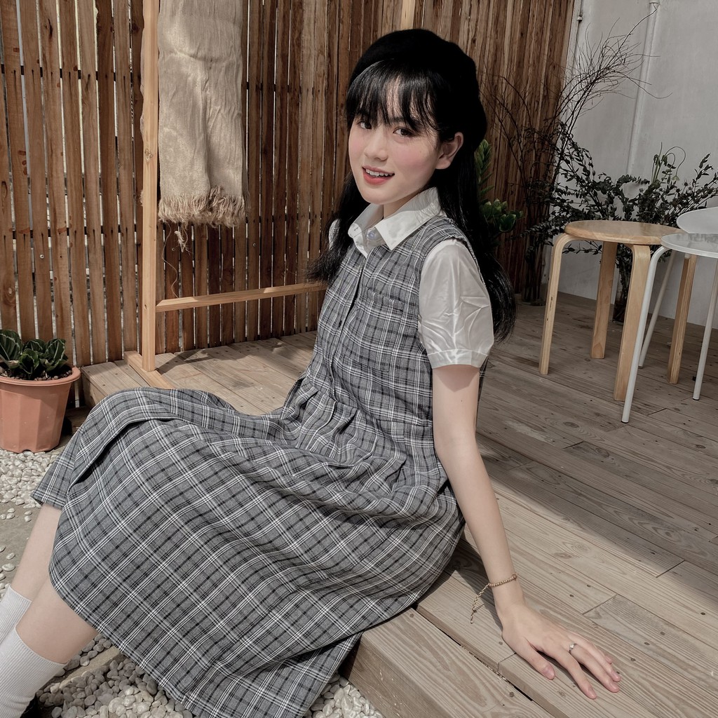 Váy yếm hoạ tiết kẻ caro xám form rộng ulzzang basic - Made by Fiin