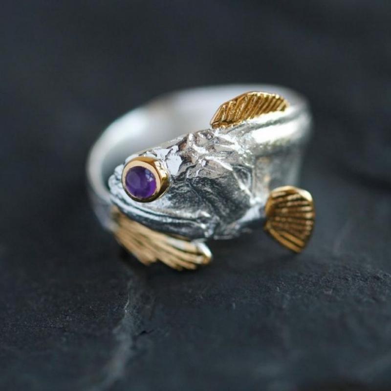 Nhẫn Hở Hình Cá May Mắn Mắt Tím Phong Cách vintage Sáng Tạo Có Thể Điều Chỉnh Dành Cho Nam Nữ