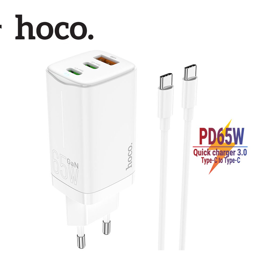 Bộ sạc 65W Hoco N16 GaN 3 cổng sạc nhanh ( 2 Type-C + 1 USB ) kèm cáp Type-C to Type-C 100W, Q.C 3.0, hỗ trợ sạc laptop
